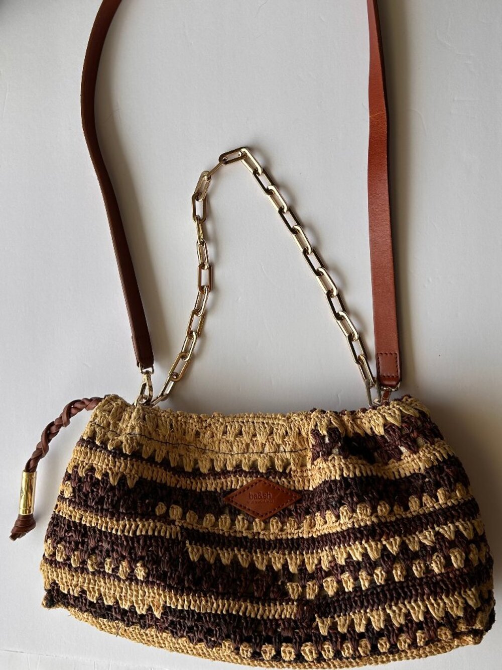 ba&sh Brown and Tan Crochet Shoulder Bag with Gold Chain